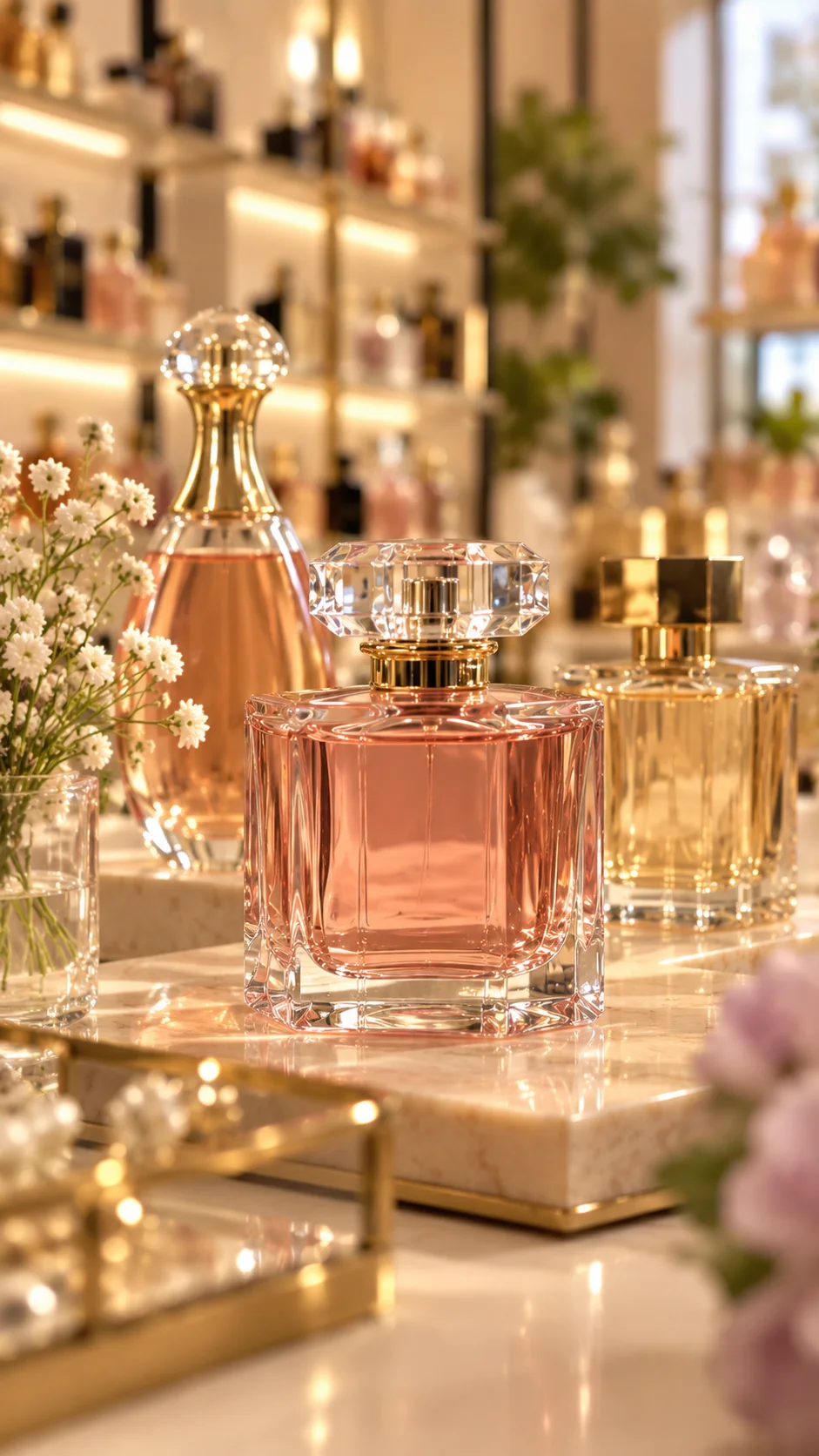 Frasco rosado de tapa tallada sobre mármol, con flores blancas
